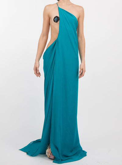 turquoise party dress in 100% silk. Long dress. Sustainability: Zero waste. front view
